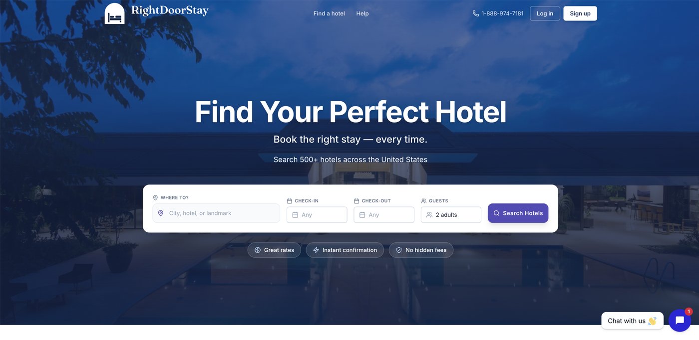 RightDoorStay hotel search and booking screen